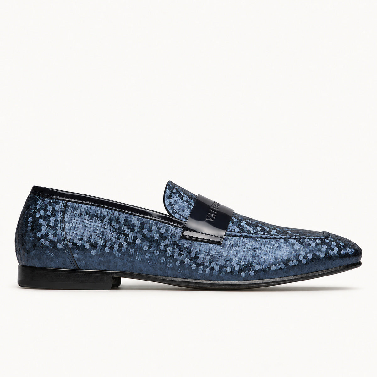 VALERIO Brera Loafer Uomo in Tessuto Blu e Vernice Nera – vista laterale