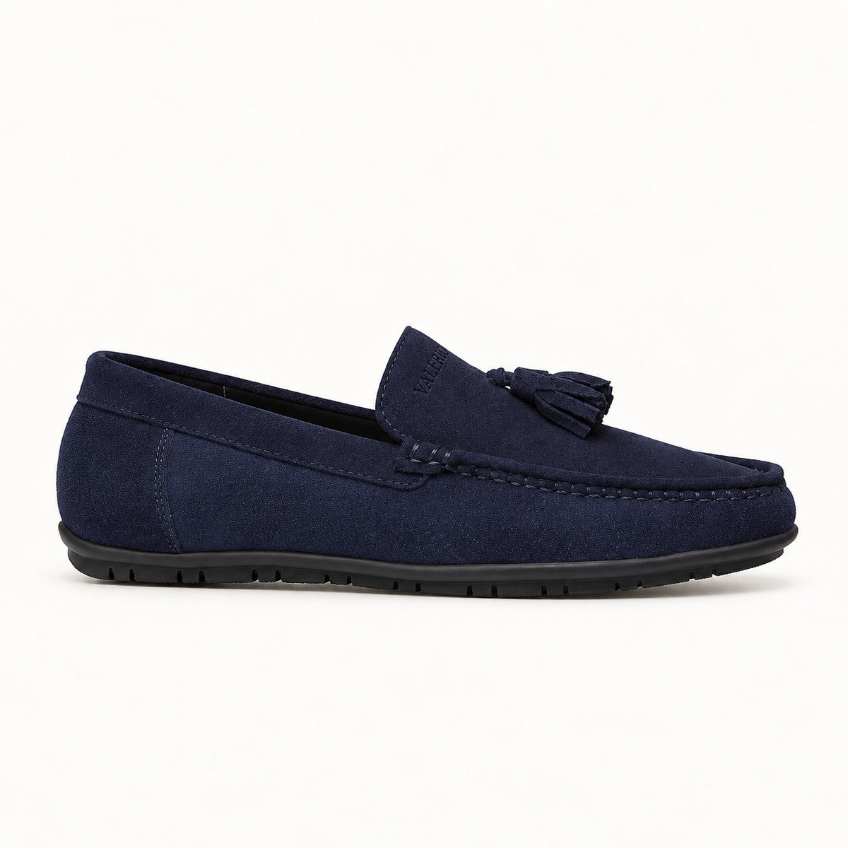 VALERIO Molo Mocassino Uomo in Camoscio Blu con Nappine – vista laterale