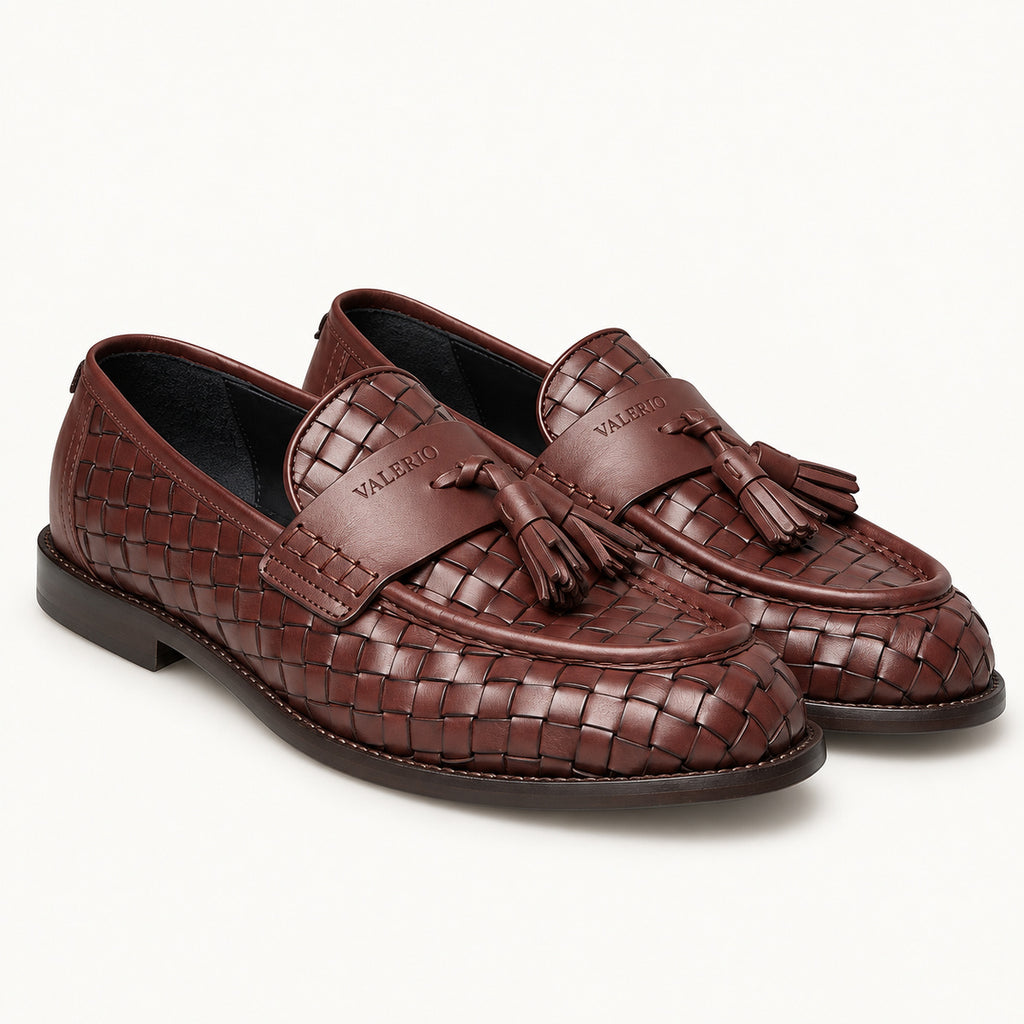 VALERIO Positano Loafer Uomo in Vitello Intrecciato Bordeaux con Nappine – vista frontale del paio