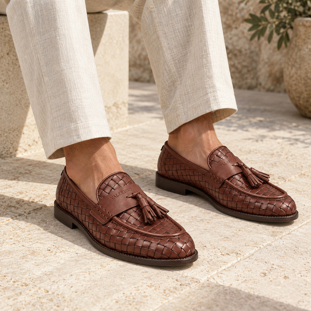 VALERIO Positano Loafer Uomo in Vitello Intrecciato Bordeaux con Nappine – indossato