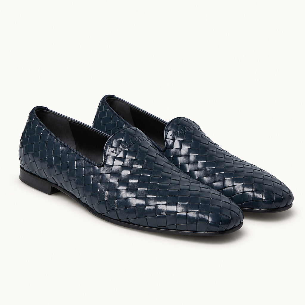 VALERIO Ravello Loafer Uomo in Vitello Intrecciato Blu – vista frontale del paio