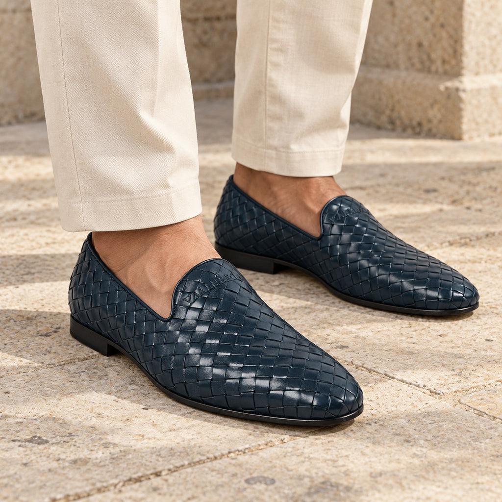 VALERIO Ravello Loafer Uomo in Vitello Intrecciato Blu – indossato
