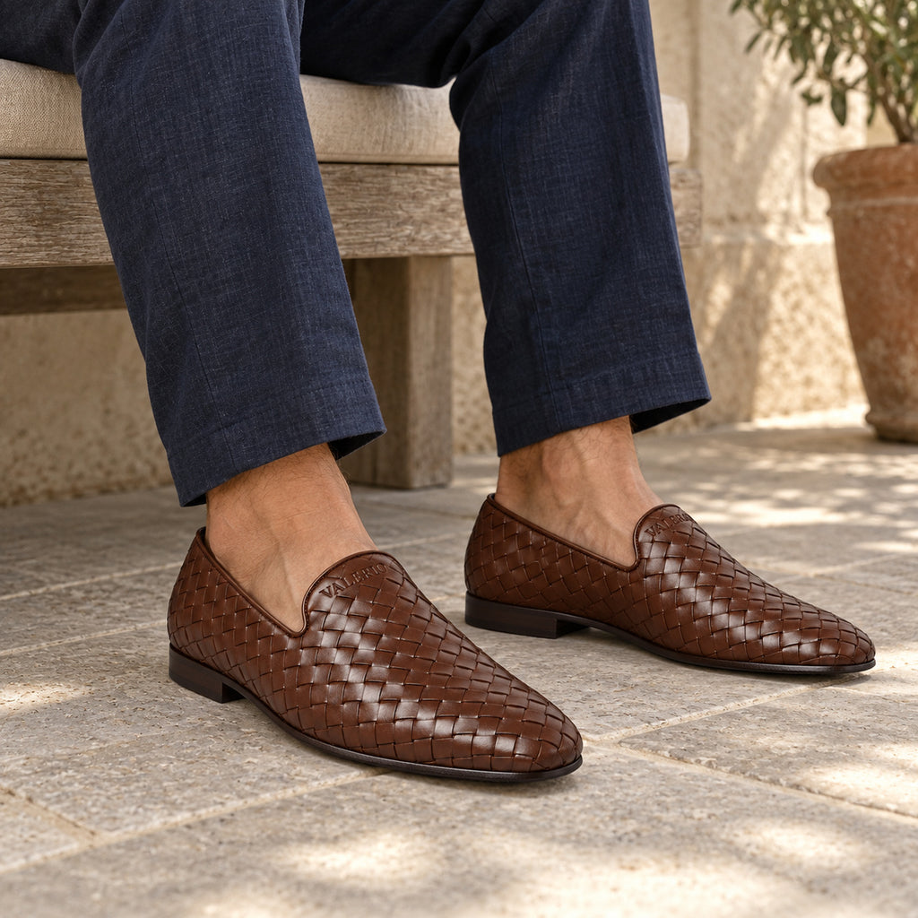 VALERIO Ravello Loafer Uomo in Vitello Intrecciato Marrone – indossato