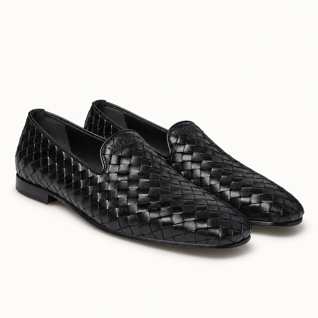 VALERIO Ravello Loafer Uomo in Vitello Intrecciato Nero – vista frontale del paio
